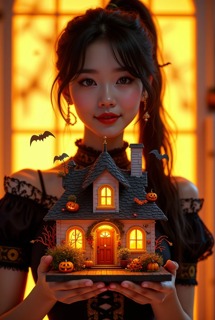 8k Beautiful asian woman, wearing halloween clothes, holding a halloween decorated house, with yellow and black neon lights