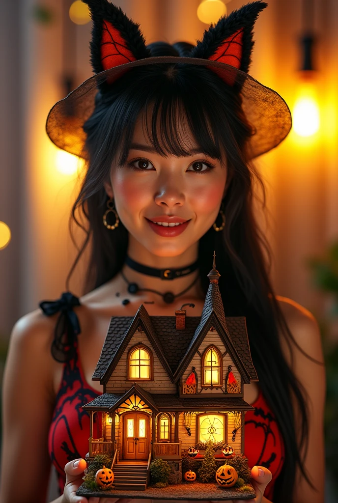 8k Beautiful asian woman, wearing halloween clothes, holding a halloween decorated house, with yellow and black neon lights