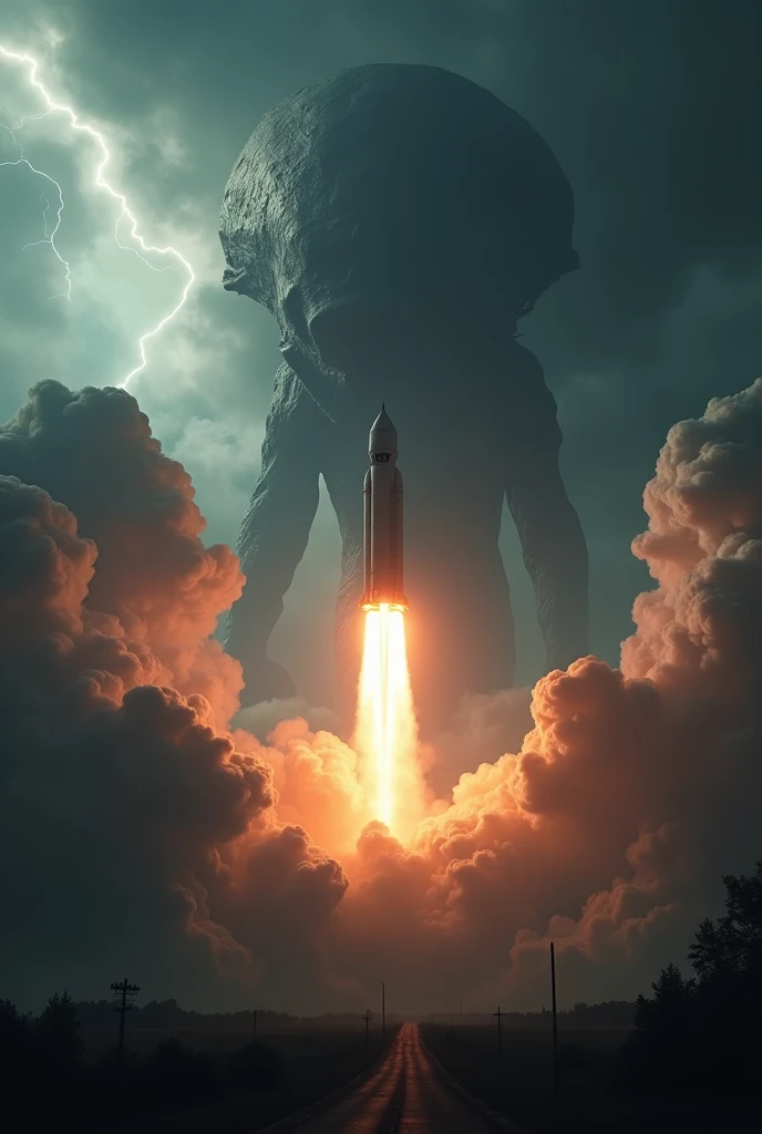 NASA rocket launching into a storm in 4K darker image stranger things background with a giant alien in the background
