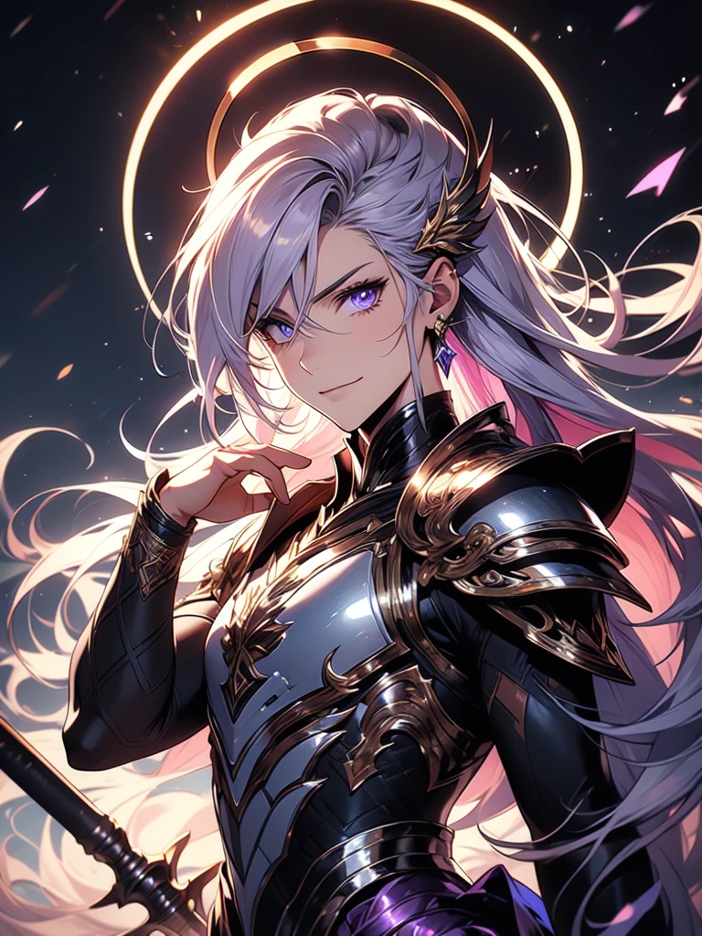 ((masterpiece)), (best quality), (ultra-detailed), masculine body, (best illustration), ((an extremely delicate and beautiful)), 1male, solo, long hair, lilac hair, [:sharp shaped armor:0.2], two-tone hair, lilac armor, black armor, (dark lilac aura:1), multicolored armor, lilac pupils, floating, open eyes, madness in eyes, detailed scenery, dark sky scenery, maniac, psycho, maniac smile, metal Halo bihind, hair ornament, bracelet, (dark armor:0.9), Hammer Hero, male character.