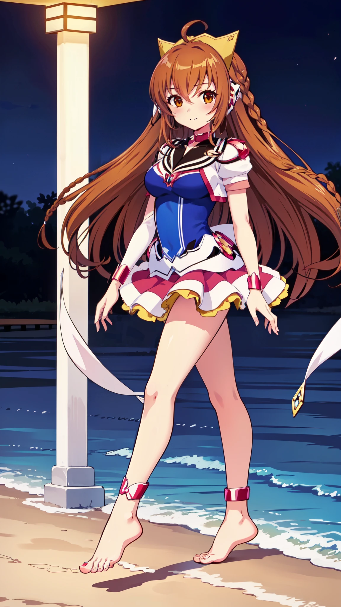 (Anime artwork, Anime Style, Studio Anime, Very detailed, up to date,、 Vibrant, Anime Coloring Book, High Contrast, masterpiece:1.3, Highest quality, Best aesthetics), (Beautiful and detailed:1.2), 1girl, Symphonic_Lily,symphony_Yuri,Blonde Hair,Ahoge,Long Hair, Big brown eyes,hair accessory,Light pink long gloves,Light pink and blue short dress,Frilled Skirt,blush,cute smile, looking at viewer (She walked along the beach in the sunset, her bare feet touching the water, the closest she came to seeing that smile:1.1), (cinematic angle:1.1),no shoes,no sox,barefoot,no stocking,