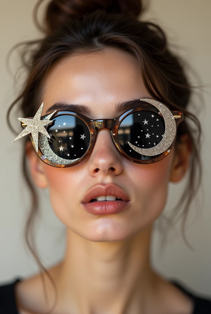 The model is wearing glass sunglasses with stars and the moon on the glass