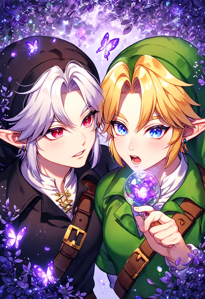 absurdres, highres, ultra detailed, HDR, master piece, best quality, extremely detailed, detailed eyes, Dark Link, white hair, expressive red eyes, The Legend Of Zelda Ocarina Of Time, Link, blonde hair, expressive blue eyes, two sexy men together, couple, yaoi, handsome, black tunic, black hat, green tunic, green hat, under a purple tree, fantasy, magical, purple glittering fireflies, purple butterflies, purple flames, glass magic, purple leaves