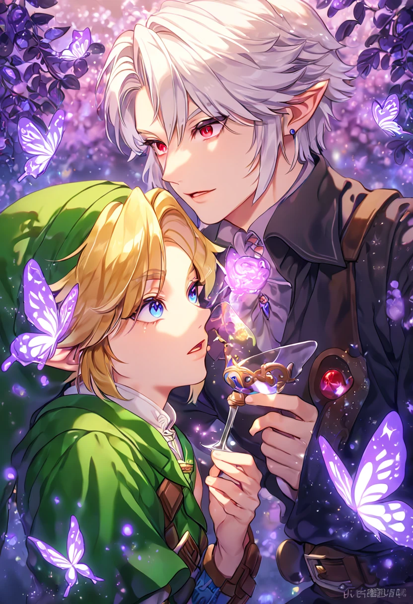 absurdres, highres, ultra detailed, HDR, master piece, best quality, extremely detailed, detailed eyes, Dark Link, white hair, expressive red eyes, The Legend Of Zelda Ocarina Of Time, Link, blonde hair, expressive blue eyes, two sexy men together, couple, yaoi, handsome, black tunic, black hat, green tunic, green hat, under a purple tree, fantasy, magical, purple glittering fireflies, purple butterflies, purple flames, glass magic, purple leaves
