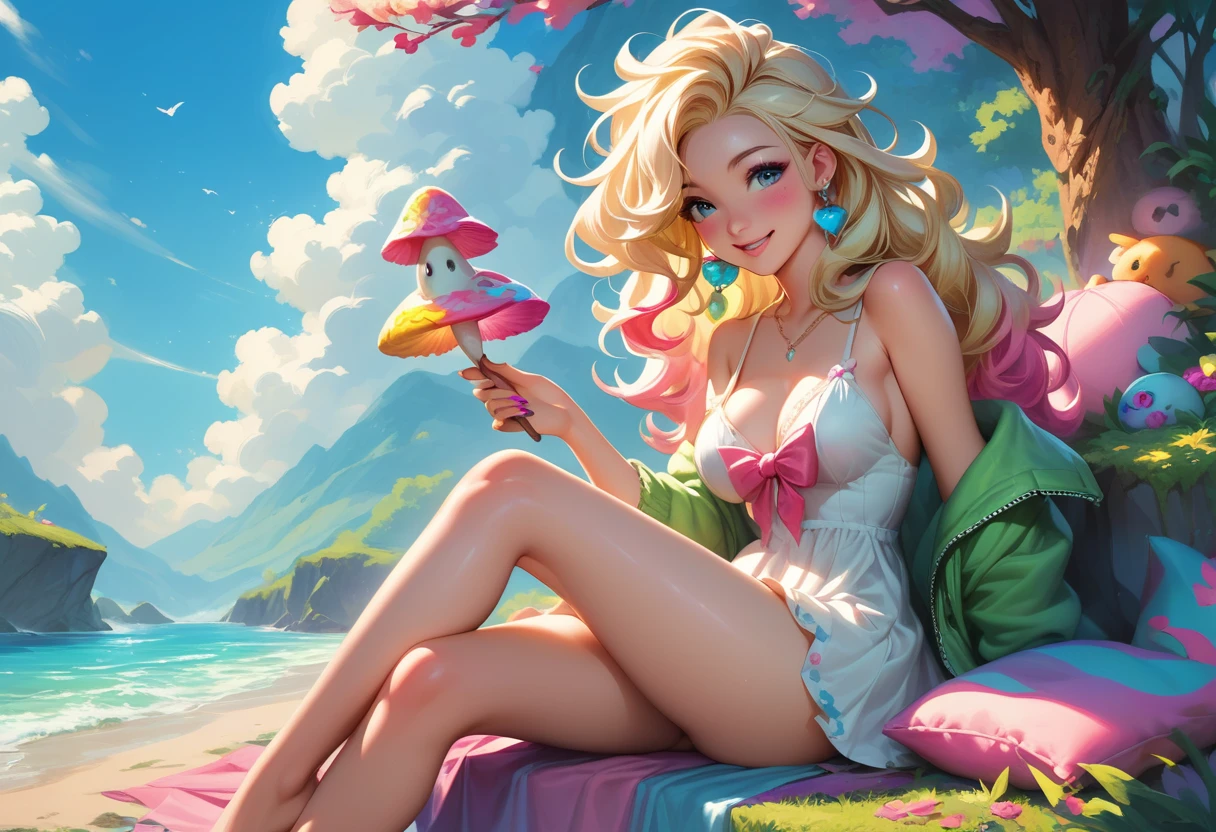 a beautiful nude 20 year old blonde Kate Upton with big messy hair holding a glowing mushroom, sitting on a giant glowing mushroom, fantasy art style, cartoon vibrant, cute detailed digital art, colorful digital fantasy art, digital fantasy art ), glossy digital painting, pastel vibrant