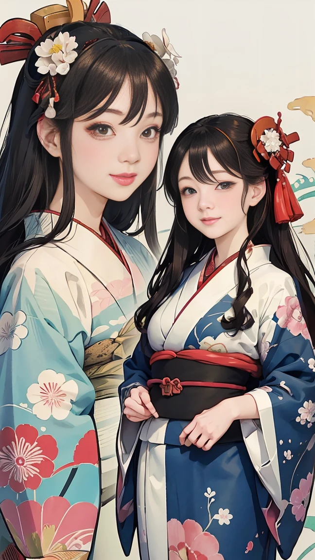 (SeaArt creates stunning illustrations of beautiful women in kimono)、Vividly colored Japanese Ukiyo-e style illustrations、A beautiful woman smiles and shows her upper white teeth、Brown-black long hair、Beautiful full body style、Let's dance a little Tokyo Ondo Yoiyoi、Beautiful new digital paintings,、Bright vibrant digital anime art、 Beautiful anime portraits、background、Torii gate of the Japan shrine、 Detailed digital anime art、
