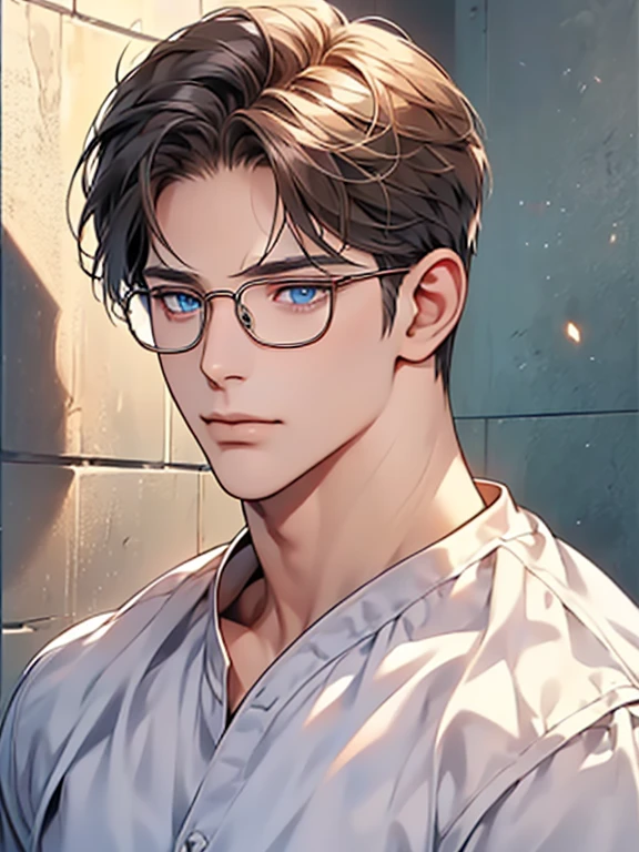 masterpiece, best quality, 1male, brunette hair, blue eyes, glasses, white shirt, mugshot, wall background, detailed eyes, detailed facial features, realistic and high resolution (best quality, 4k, 8k, highres, masterpiece:1.2)
