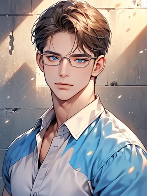 masterpiece, best quality, 1male, brunette hair, blue eyes, glasses, white shirt, mugshot, wall background, detailed eyes, detailed facial features, realistic and high resolution (best quality, 4k, 8k, highres, masterpiece:1.2)