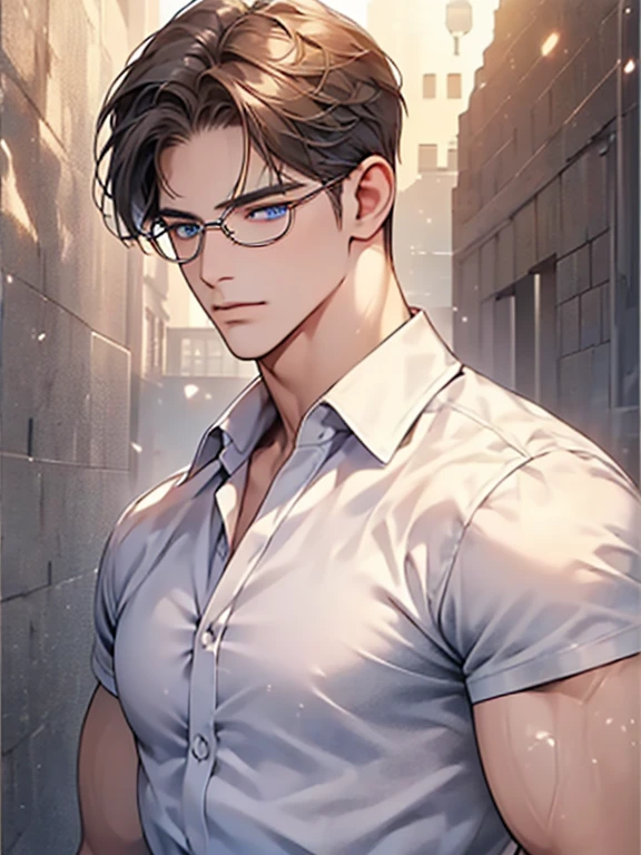 masterpiece, best quality, 1male, brunette hair, blue eyes, glasses, white shirt, mugshot, wall background, detailed eyes, detailed facial features, realistic and high resolution (best quality, 4k, 8k, highres, masterpiece:1.2)