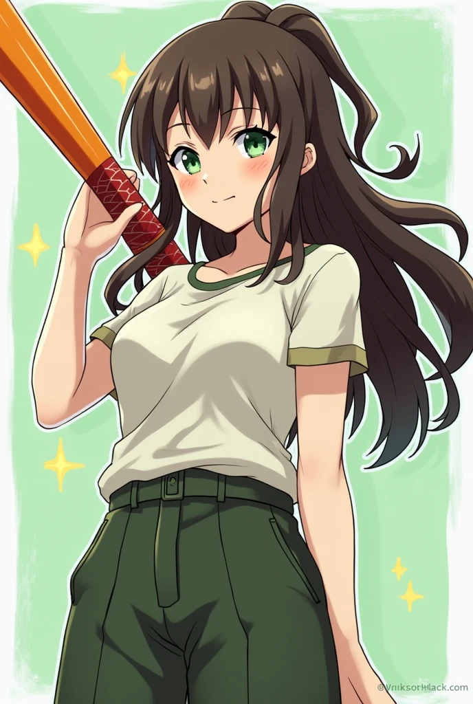 Panel de Kimetsu no yaiba, light brown woman, green eyes, normal weight, hair similar to Renguku's, friendly face, uniform with loose pants similar to Shinobu's and a t-shirt of the same style but short, an orange and red sword