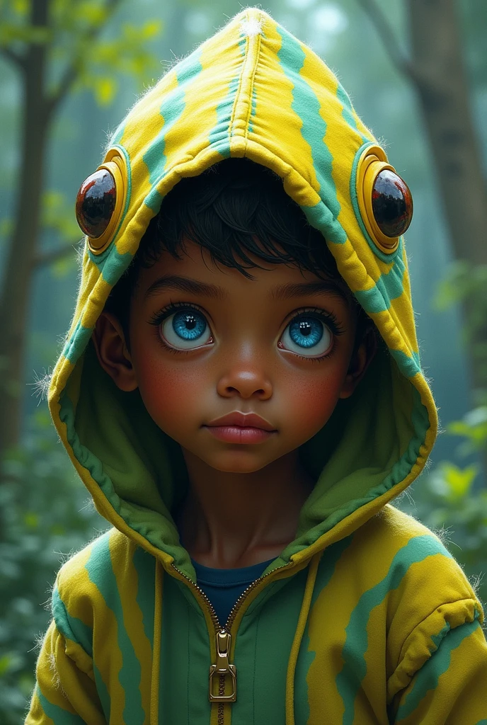 A boy with a chameleon hood with blue eyes, yellow and green stripes. He is dark-skinned and has his eyes hidden by the hood. 
