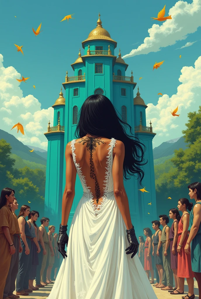 Caramel-skinned princess with long black hair and vibrant blue eyes. your hands are wearing a pair of iron gloves that cover your fingers. She is wearing a white wedding dress that is ripped and shows her back with a vertical tear.. She is looking at a turquoise palace and is scared. There are many people looking at her with disgust. There are birds in the sky and a green forest behind the palace.
 Golden leaves fall from the blue sky. There are black and gold veins popping out from her bare back. From the palace window a red-haired king watches her. Realistic illustration like fairy tales.