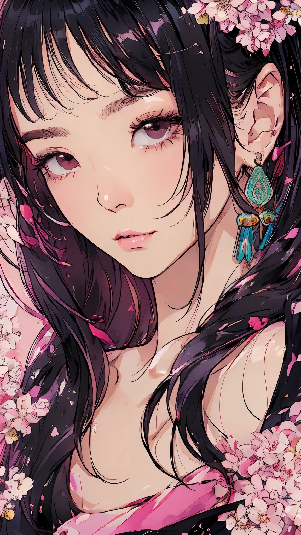 Beautiful and charming Chinese woman、Half-body photo、Delicate and sexy collarbone、Attractive oval face、double eyelid、Close your eyes、Pink Lips、Small Nose、kiss、Concentrated face、Look Up、Face close-up、Black Hair、Bun Hair、Ultra-high resolution、Super detailed、Pink china clothes、Fighter