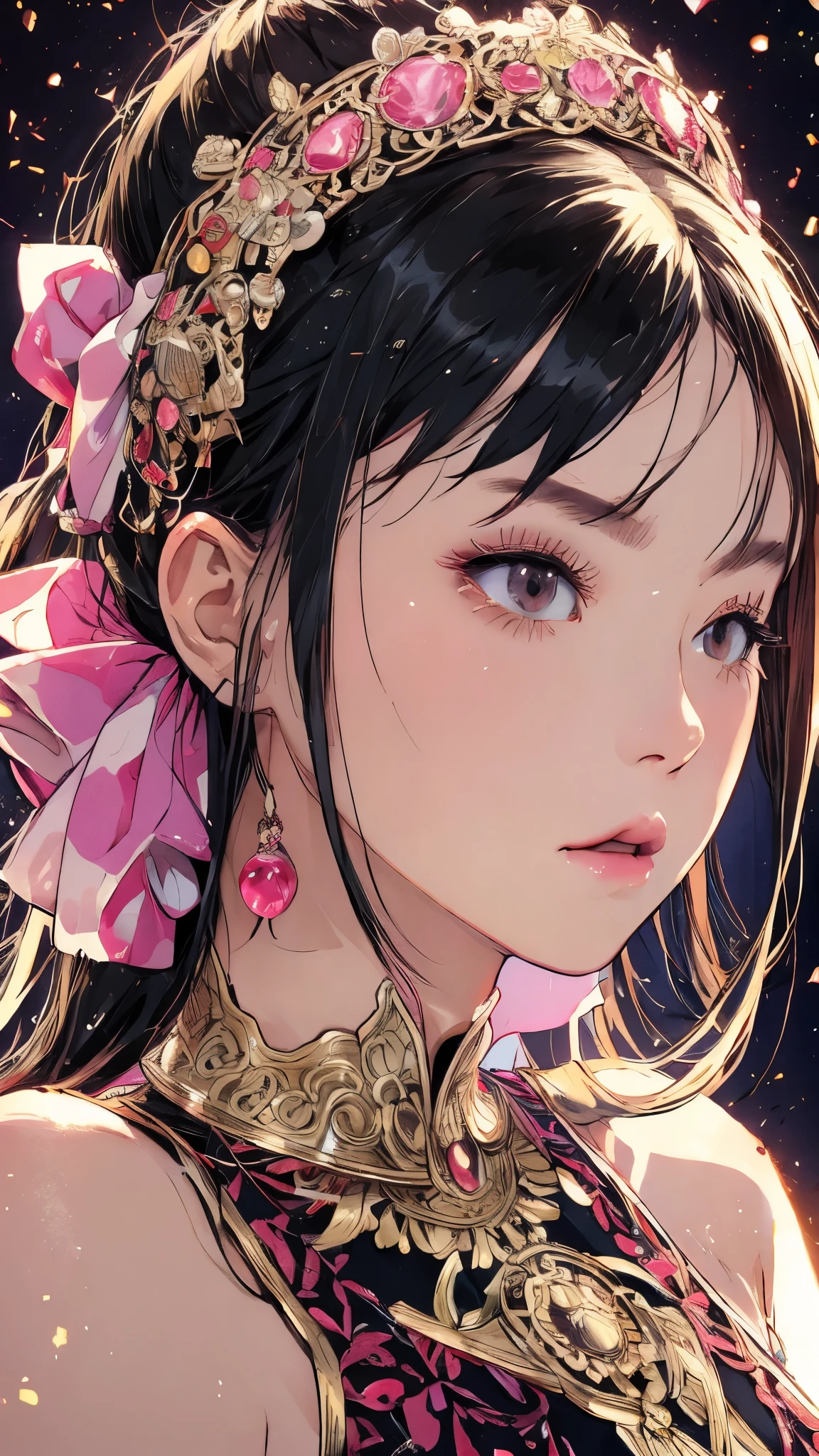 Beautiful and charming Chinese woman、Half-body photo、Delicate and sexy collarbone、Attractive oval face、double eyelid、Close your eyes、Pink Lips、Small Nose、kiss、Concentrated face、Look Up、Face close-up、Black Hair、Bun Hair、Ultra-high resolution、Super detailed、Pink china clothes、Fighter