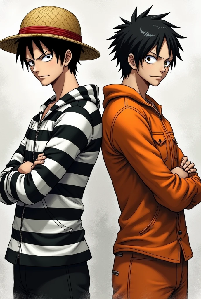 Monkey D. Luffy in a black and white striped long-sleeved prison uniform and Monkey D. .... Luffy in orange long sleeve prison uniform Original anime One Piece