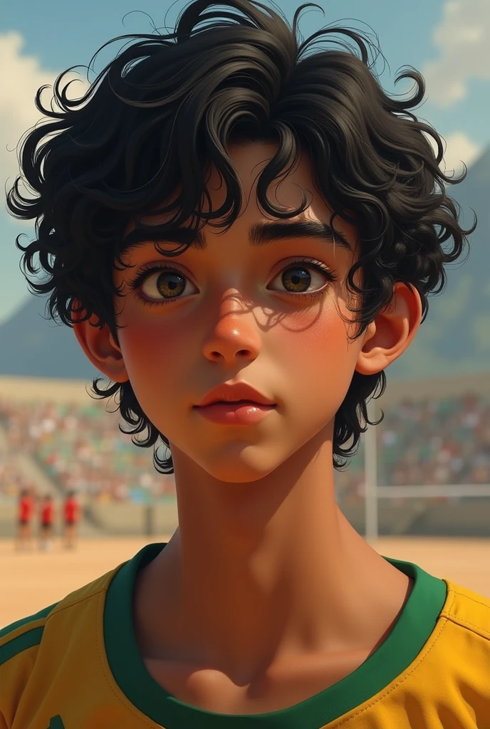 A  teenager with medium length black curly hair, he's low, bonitas, plays volleyball, he&#39;s brown with a big nose, and support São Paulo 
