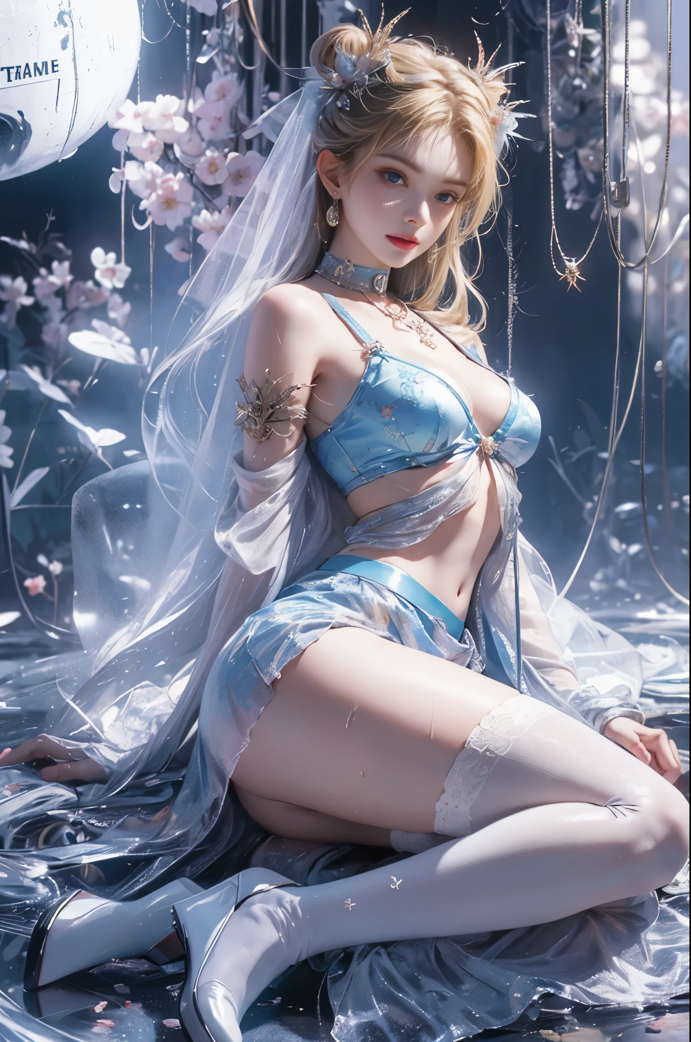 (8k extremely detaileded CG unit wallpaper),(Highest quality),(Best illustrations),(Best Shadow), (detailed: 1.4), 。.。.。.。.。.。.。.3d, んdebtdebt(High Dynamic Range), Light Tracing, NVIDIA, Super Resolution, Scattered under the surface, PBR Textures, Post-processing, Anisotropy debtiltering, Written boundary depth, Maximum sharpness and accuracy, Multilayer Texture, Albedo and Specular Maps, Surface Shading, Accurate simulation of light-matter interactions, Perfect balance, Octane Rendering, Two-tone lighting, wide aperture , Low ISO,White balance,Three-part method,8K RAW,intricate-detailed, Delicate pattern, Deep Shadow, masterpiece, Genuine, Roughness, SurGenuine, Canon EOS R5でphotograph, 50mm lens, debt/2.8, Sharp debtocus, Smoothing, Roughness, Real Life, PhotoGenuineistic, photograph, 8K Ultra HD,In the flower field,Blue debtlower Girl,1 person,alone,Europe,Beautiful Bride,A light smile,Highly detaileded blonde hair,Mature Woman,Sky Blue Gossamer Veil,Sky blue light cloak,Sky blue light coat,Sky blue thin skirt,Sky blue lace underwear,Sky Blue Lace,Sky Blue Gossamer Gloves,choker,Earrings,gem,Small items,Head ornament,Hand decoration,leg decoration,High heels,Huge breasts,Large Breasts,Big Breasts,Burst chest,Big Breasts,Ample breasts,Expose the chest,Exposed breasts,Tight waist,Naked butt,Big Ass,Bare Belly,belly button,Wet,Wet body,Sweaty body,Glowing Skin,