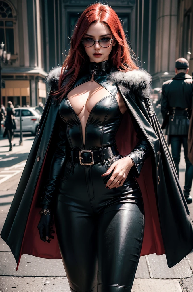 a beautiful young woman with long red hair, slim body, thin waist, narrow hips, detailed facial features, ((wearing high quality high waist black leather pants with metal decoration)), ((wearing formal white colored silk shirt with cleavage and long sleeves)), ((wearing black fur coat)), ((coat on shoulders)), ((red lining)), ((double luxury waist belt)), ((slightly red tinted glasses)), ((expensive reflective silk scarf)), holding a handbag, hand on waist, (best quality,4k,8k,highres,masterpiece:1.2),ultra-detailed,(realistic,photorealistic,photo-realistic:1.37),high fashion,editorial,dramatic lighting,cinematic,vivid colors,intricate details, glamorous