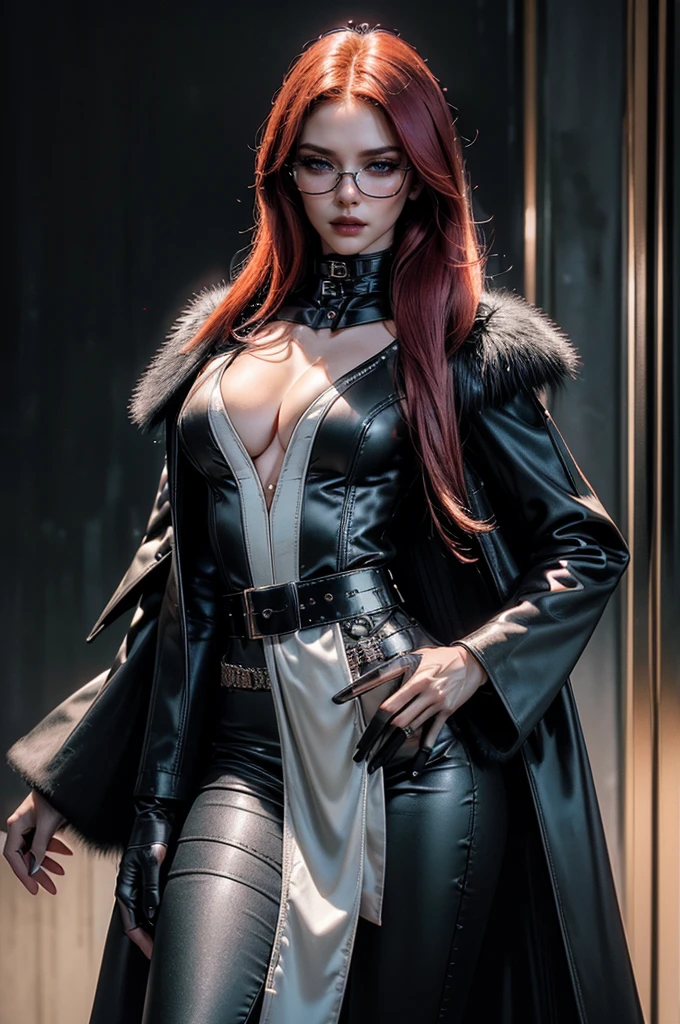 a beautiful young woman with long red hair, slim body, thin waist, narrow hips, detailed facial features, ((wearing high quality high waist black leather pants with metal decoration)), ((wearing formal white colored silk shirt with cleavage and long sleeves)), ((wearing black fur coat)), ((coat on shoulders)), ((red lining)), ((double luxury waist belt)), ((slightly red tinted glasses)), ((expensive reflective silk scarf)), holding a handbag, hand on waist, (best quality,4k,8k,highres,masterpiece:1.2),ultra-detailed,(realistic,photorealistic,photo-realistic:1.37),high fashion,editorial,dramatic lighting,cinematic,vivid colors,intricate details, glamorous