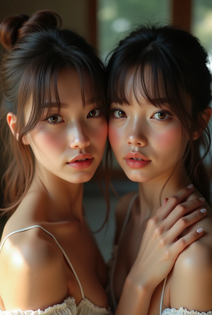 Identical twin sisters kissing、Japanese、Narcissism、2、Raw photo、NSFW、pantyhose、(bangs:1.2)、(Bundle of brown hair:1.2)、(Dark brown eyes:1.2)、Faint lips、Cowboy Shot、Front view、 (freckles、Mole:0.2)、Skin blemishes、Acne、Skin blemishes、There is a stain、Lanugo、Acne、Blood Spot、impurities、 Ryokan room、Rural landscape、window、Her calm expression and gentle breathing create a calming atmosphere.、、 Super high quality photos、Raw photo、Beautiful detailed face and eyes、(Photorealistic:1.4)、Highest quality、High resolution、Realistic、16K、Caustics、Core Shadow、Dynamic Light、Beautiful and delicate lips、Delicate fingers、Detailed pupil、Real human skin、(Very detailed)、