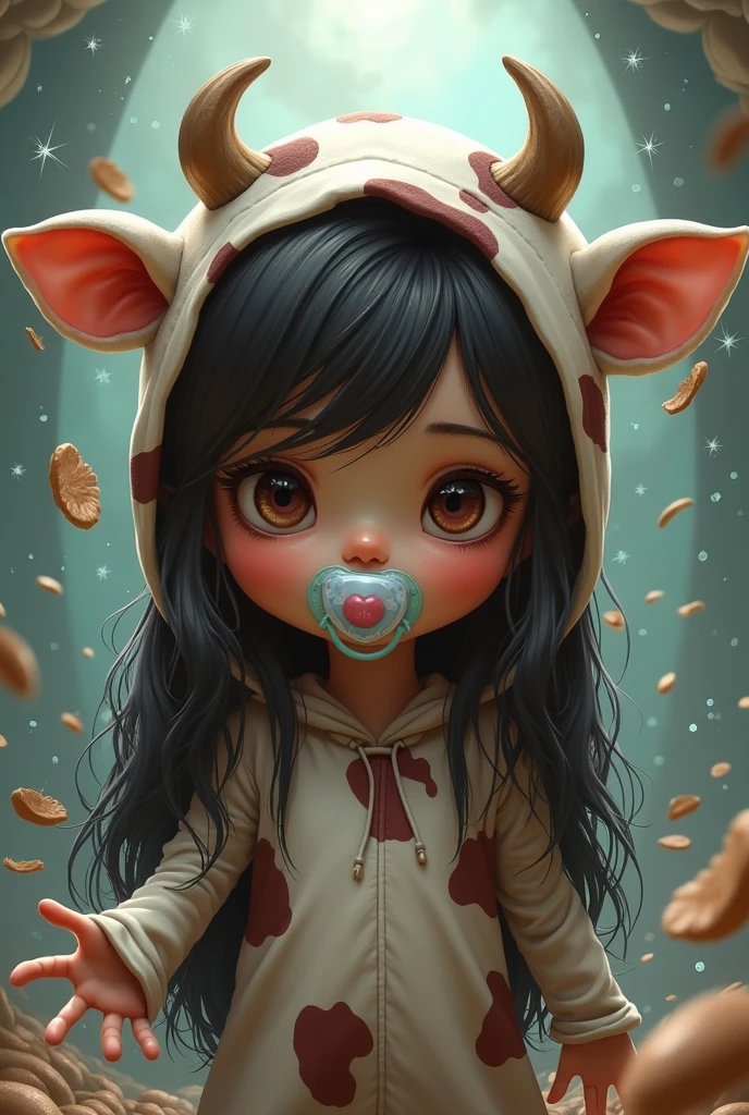 DISNEY PIXAR COVER WITH DARK BROWN EYES LONG HAIR WITH PACIFIER DRESSED AS A COW