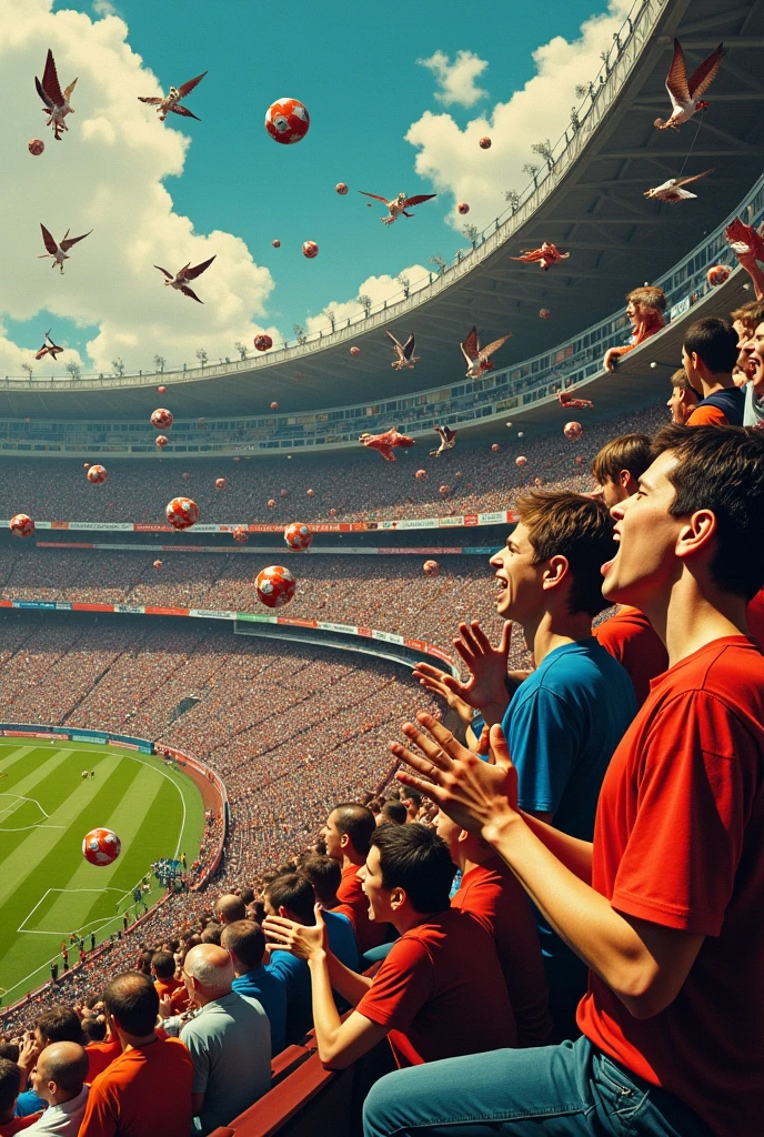Dadaist art of fans in the stands of an American football stadium.
