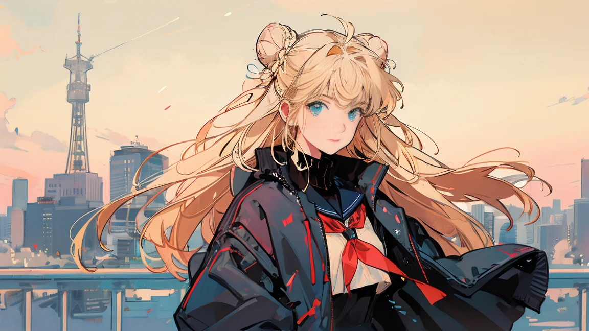 Japanese anime style, red and turquoise impression, Tokyo, Tokyo Tower, hair tied in two buns, long hair flowing, beautiful blonde girl, wearing sailor suit, blue collar, sunset, sky gradient red and orange