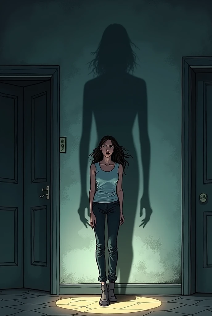 Create a comic-like image following this text:The room is now empty, but the shadow of a sinister figure is seen on the wall behind Sarah.