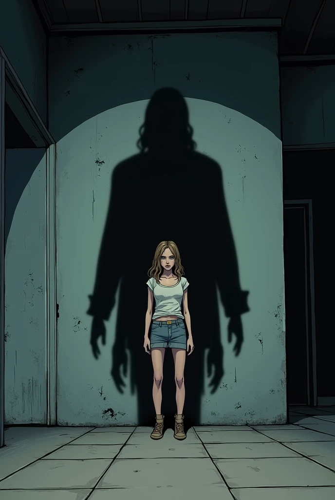Create a comic-like image following this text:The room is now empty, but the shadow of a sinister figure is seen on the wall behind Sarah.