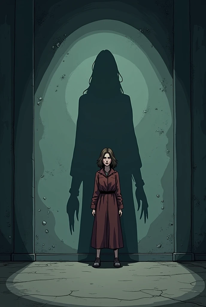 Create a comic-like image following this text:The room is now empty, but the shadow of a sinister figure is seen on the wall behind Sarah.
