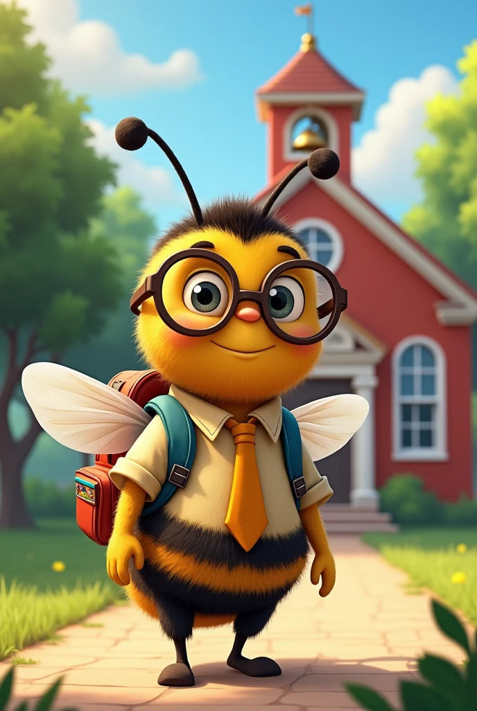 bee dressed as a student with glasses returning to school.