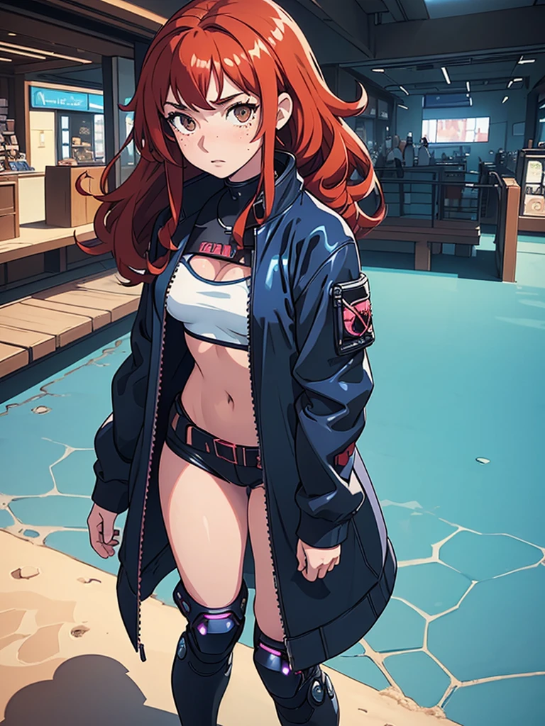 (masterpiece), (best quality), ((one girl)),alone, red hair,((brown eyes)),curly hair, anime style, freckles, (mall breast, (petite figure), blue and black cyberpunk jacket, legs, ((desert background)) 