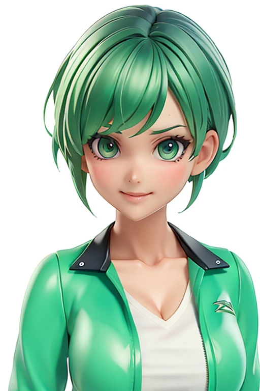 green hair,Emerald hair,short hair,short hair,bright face,upper body up,chest up,business woman,intellectual,smile,jacket,white shirt ,big bangs,beautiful bangs, laughter,drooling eyes, alone,Flow of hair that extends to the face,Big light blue eyes shine charmingly,green one piece,eyeliner,Shining white skin,