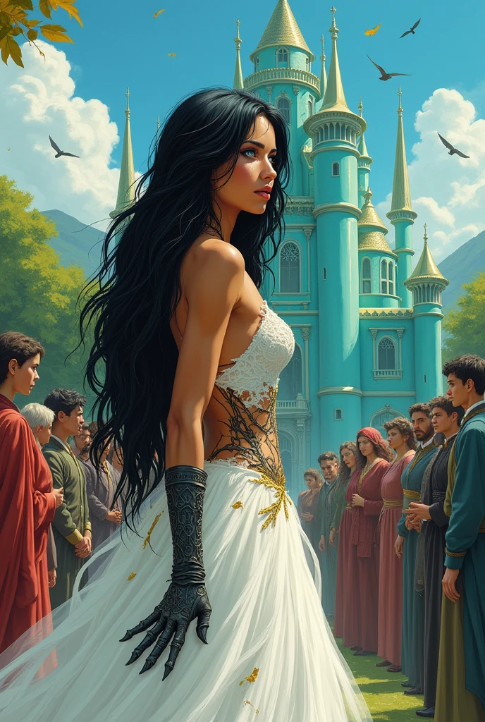 Caramel-skinned princess with long black hair and vibrant blue eyes. your hands are wearing a pair of iron gloves that cover your fingers. She is wearing a white wedding dress that is ripped and shows her back with a vertical tear.. She is looking at a turquoise palace and is scared. There are many people looking at her with disgust. There are birds in the sky and a green forest behind the palace.
Golden leaves fall from the blue sky. There are black and gold veins popping out from her bare back. From the palace window a red-haired king watches her. Realistic illustration like fairy tales.
