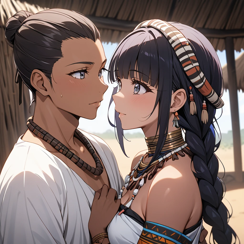((Highest quality)), ((masterpiece)), (detailed), (Perfect Face)、The woman is Reika Aoki, a black woman with dark skin, medium-long hair, finely braided and slicked back, in the style of an African tribal woman.、A woman is getting married to a tribal man in an African tribal village