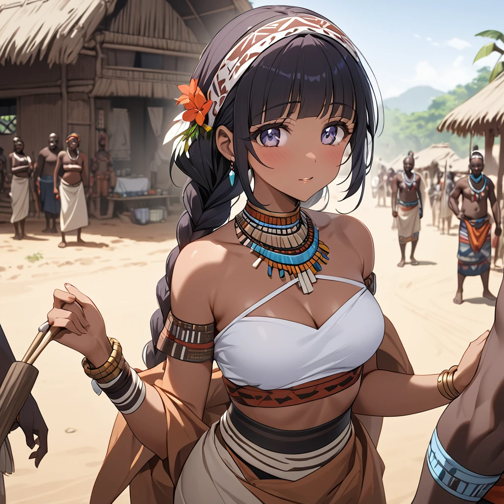 ((Highest quality)), ((masterpiece)), (detailed), （Perfect Face）、The woman is Reika Aoki, a black woman with dark skin, medium-long hair, finely braided and slicked back, in the style of an African tribal woman.、A woman is getting married to a tribal man in an African tribal village