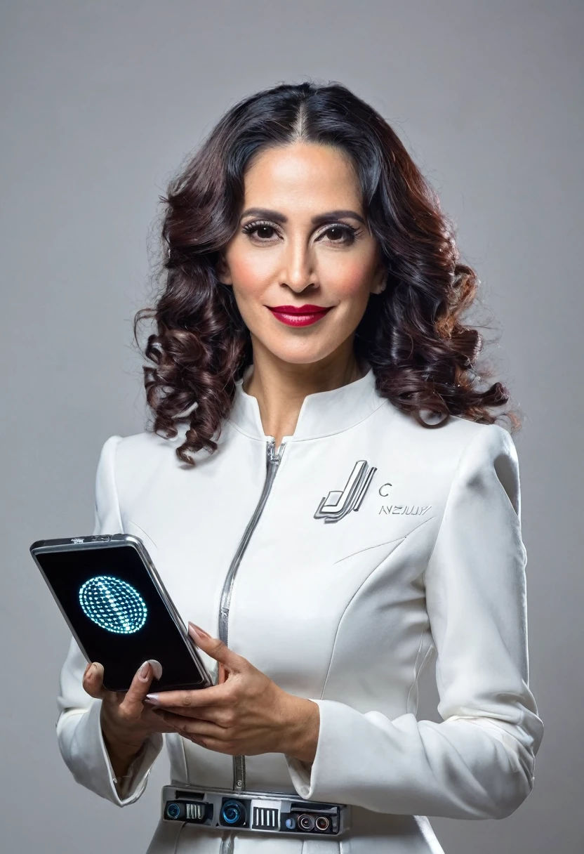 beautiful venezuelan futurist woman bot 40yo holding a ,usical device with the word{-+´.ñl
