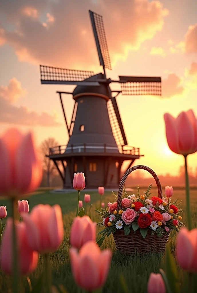 Large windmill with light pink tulips a vintage library with wicker basket with lots of flowers in a beautiful sunset