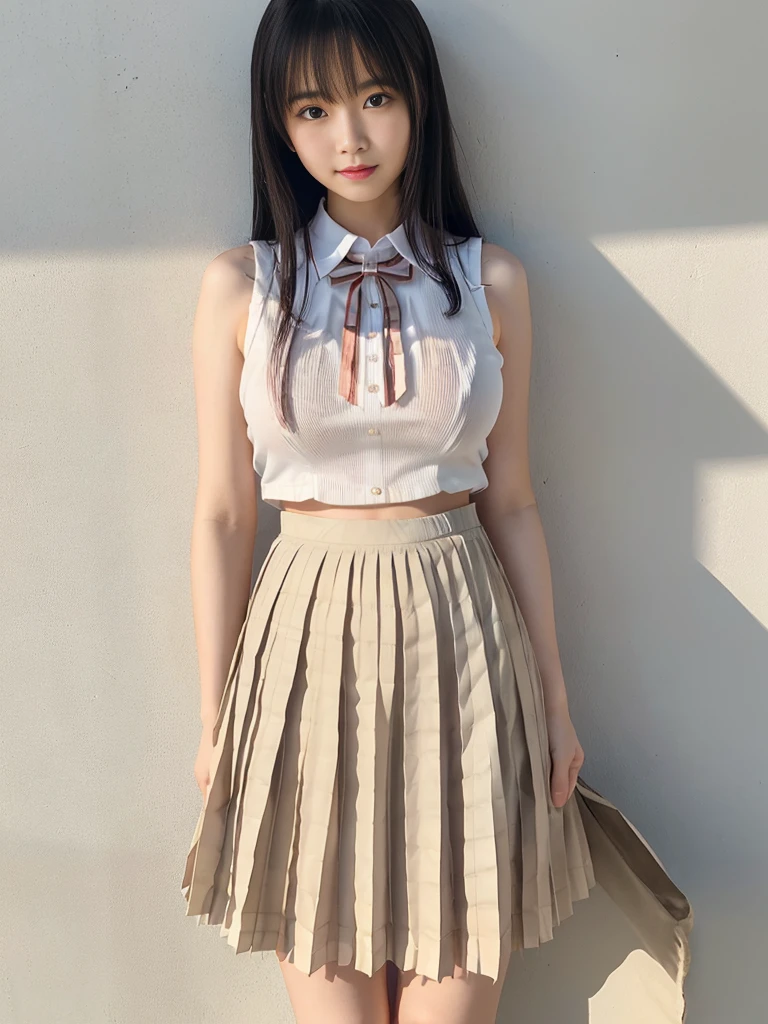 Milk-covered high school girl idol、Whole Body Ezbian、Sleeveless, milk-stained, see-through uniform(white)、(Big Breasts:1.4) (Erect nipples:1.2) (A pleated skirt so short you can almost see her panties:1.4)