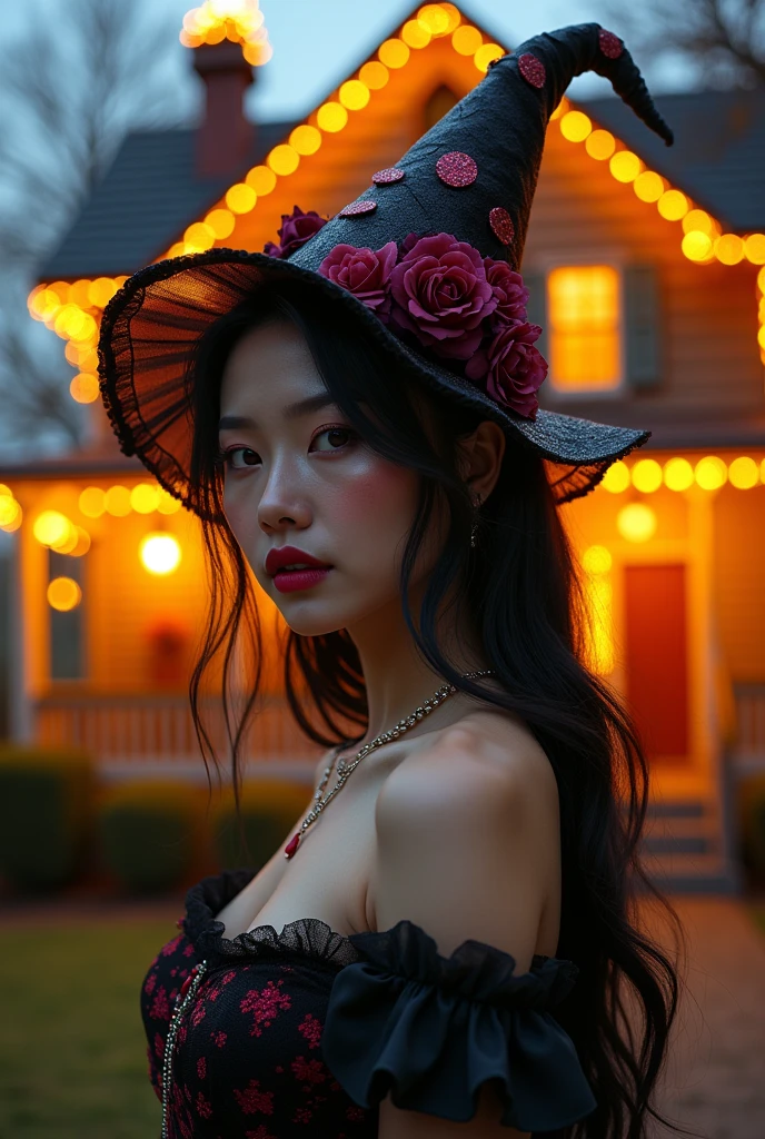 8k Beautiful Asian woman, wearing Halloween clothes, behind a decorated Halloween house, with yellow and black neon lights