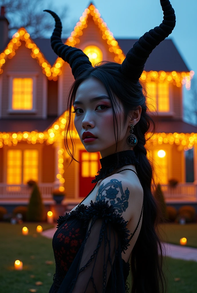 8k Beautiful Asian woman, wearing Halloween clothes, behind a decorated Halloween house, with yellow and black neon lights