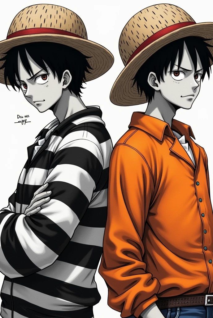 Monkey D. Luffy in a black and white striped long-sleeved prison uniform and Monkey D. .... Luffy in orange long sleeve prison uniform Original anime One Piece