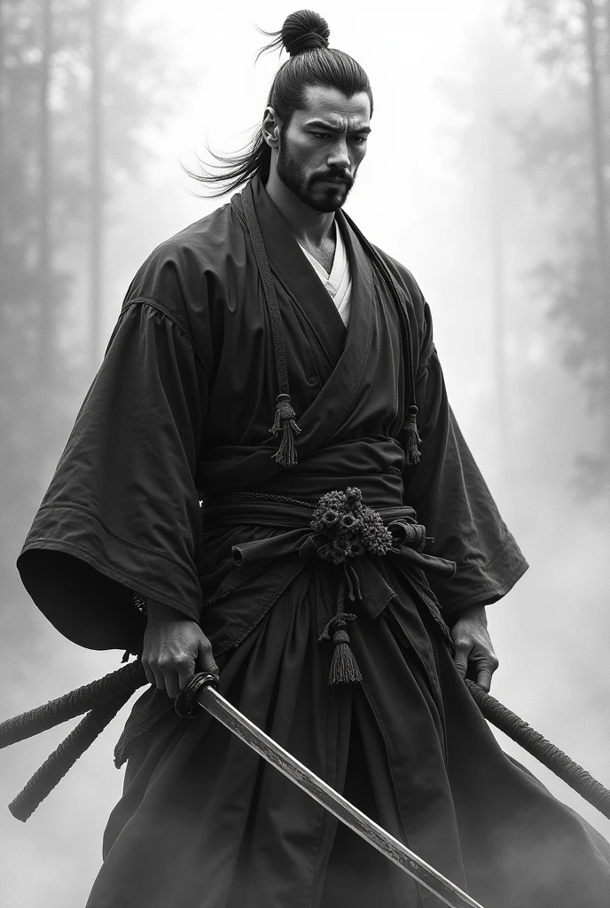 Attractive and strong Japanese man, Samurai, black and white outfits. man of 40 years old.