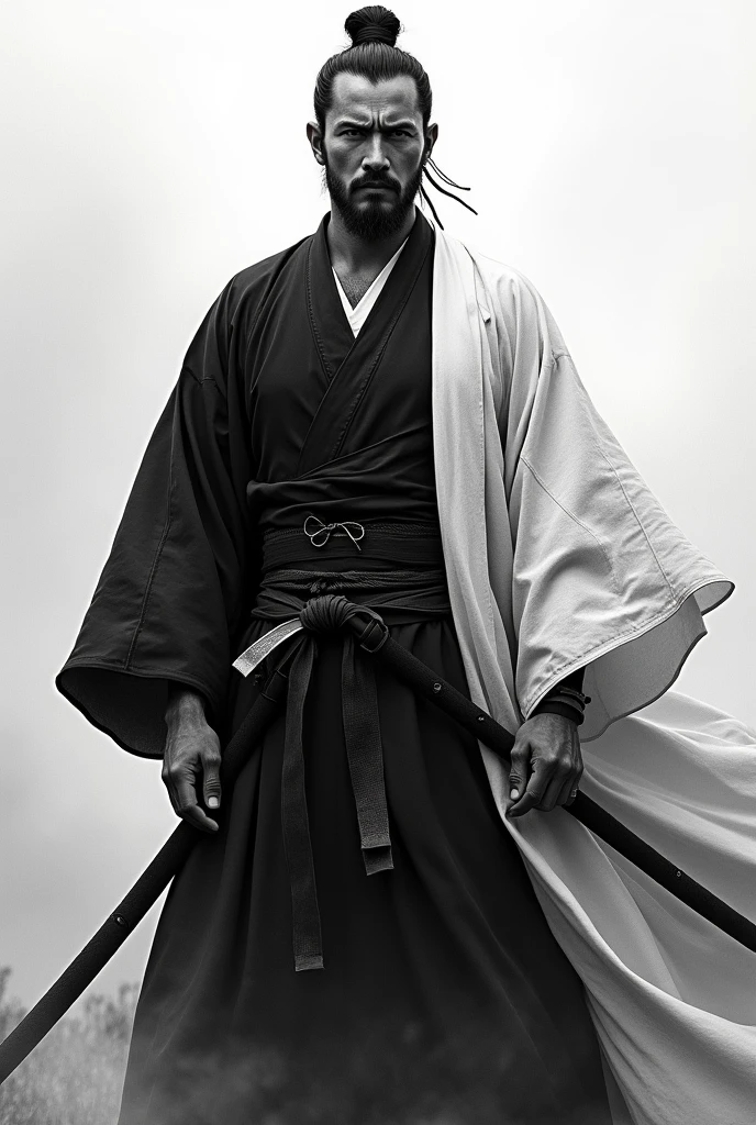 Attractive and strong Japanese man, Samurai, black and white outfits. man of 40 years old.