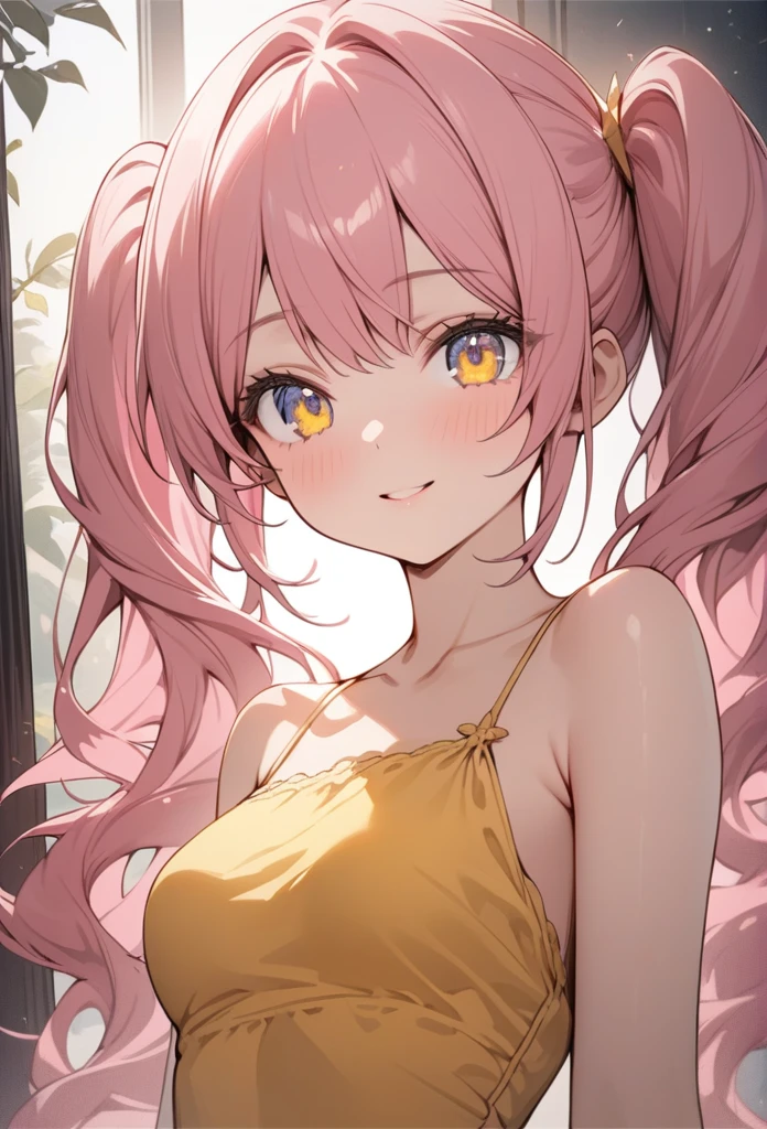 8K resolution, ((highest quality)), ((masterpiece)), ((Super detailed)), ((delicate and beautiful), beautiful girl, alone, pink hair in twintails,bright smile, young look, bright gold-colored eyes, Beautiful pink hair, beautiful background, very long hair, line drawing, yellow halter top,medium breasts,bare arms, upper grade, wonderful eyes,mysterious ghostly background,Upper body