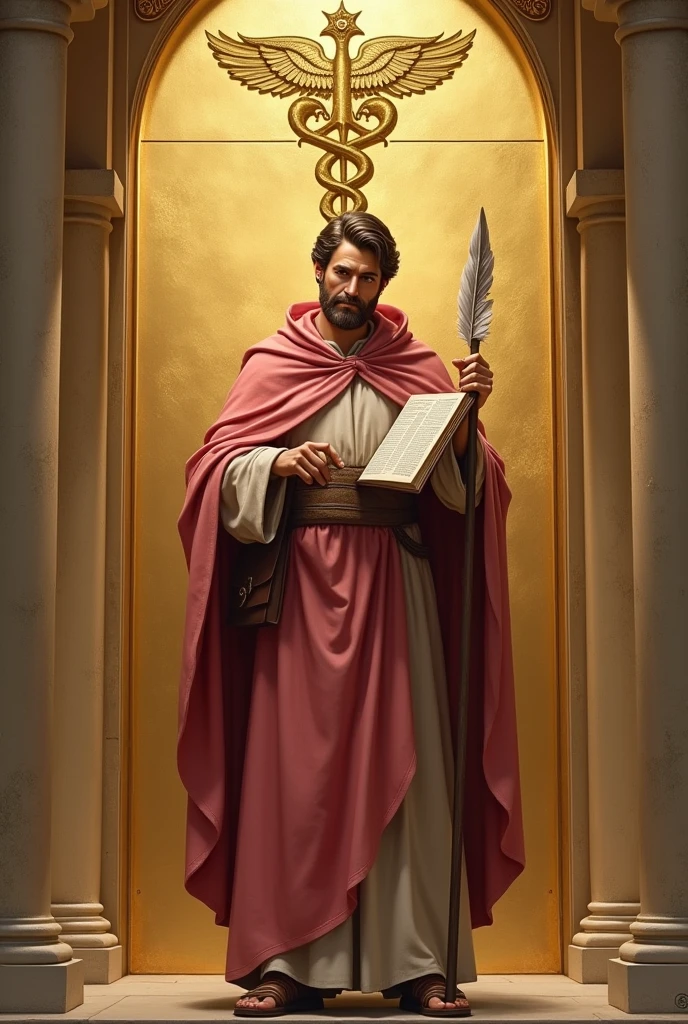 apostle saint matthew, patron of accounting, with pinkish red cloak, with your book and a "Feather pen", holding your staff, E no fundo, a golden wall with a caduceus symbol painted on the side.
