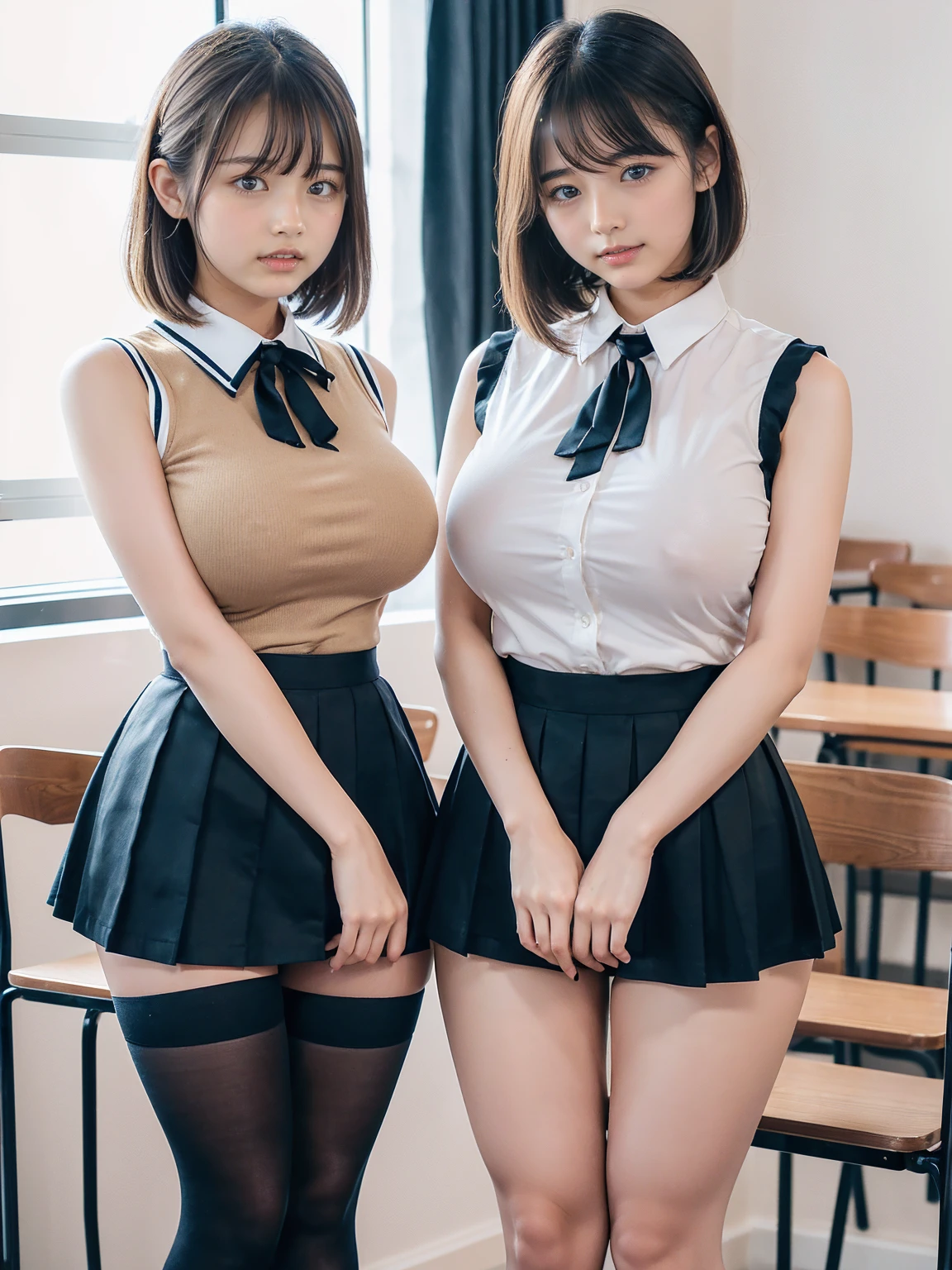 Great quality, 16K, (RAW Photos:1.4), Ultra-high resolution, ((Composition away from the subject)), ((顔から足首までのFull body photo)), ((Perfect Anatomy)), 2 women, , (Please take a picture from the front.), First Person View, Anatomically correct, Super Detail, (8k), Very detailed, Golden Ratio, (Two tall Japanese high school students), , (F Cup Big:1.7), (Huge breasts:1.4), Cleavage, (Two Sisters), (Full body photo), Large build, ((The uniform consists of a navy blue sleeveless shirt with a red ribbon and a beige tight miniskirt.)), Detailed skin, Glowing Skin, , Korean, sakimichan, Jaeyoung Nam, Kim Tae-jun, double eyelid, eyes with long eyelashes, Small face, Three Sisters, (Full body photo), (超かわいい顔のsmile), smile, blonde, short hair, hair band, Glare, Blushing, Drooling, Long Tongue, Verbal invitation, Feeling embarrassed, Overlooking here, Please stand in the center of the classroom., Stretch your back, The room is bright, (Gorgeous black tights), Brown high heels, Beautiful Hairstyles, The black tights accentuate the legs., Keep your hands on your hips, Stand with your feet shoulder-width apart), Simple uniforms, The sisters wear the same uniform, Sleeveless uniforms, ((thick and long legs)), (Very wide thighs:1.6), (Very long legs:1.4), (I always wear black tights), (The tight mini skirt is beige, that'It's so short that you can see her black panties), (Oily shiny black tights) , (Wearing high heels), (Very wide thighs), (Plump legs), (They always wear black tights..), She wears a uniform consisting of a navy blue sleeveless shirt with a red ribbon and a tight beige miniskirt., Street Snap,(The skirt is very short), (Very long legs), (Very wide thighs), (Plump legs), (She always wears black tights...), (Oily shiny black tights), (Wearing high heels), (Erect nipples:1.3)