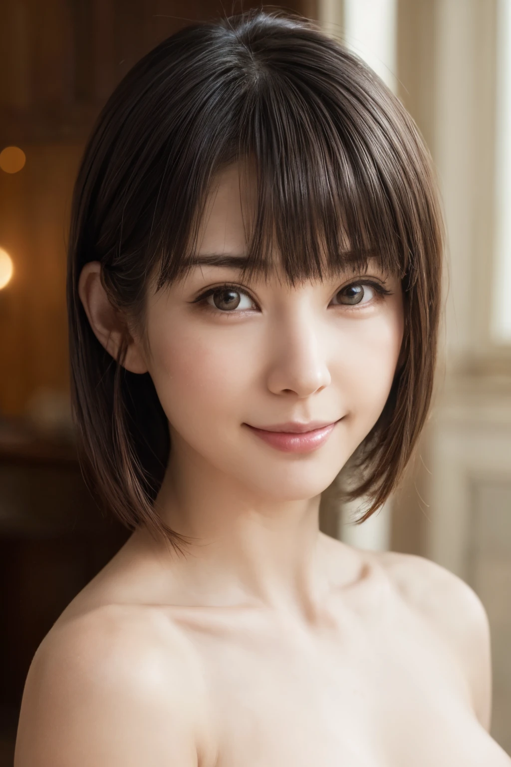 ((masterpiece, Highest quality, High resolution、Realisticですべてが美しく詳細に描かれている)), 1 person, (Realistic: 1.4), alone, White Background, snow-White Background, Mouth closed, smile, smile, Beautiful black hair, short hair, Big eyes, Transparent double eyelids, eyelash, Listen carefully, Long neck, 美しくLong neck, Put out your ears、Absolute area, ((Face close-up)), (Draw the whole head, shoulder), 1, Attractive proportions, Glowing Skin, Beautiful clavicle, Golden ratio face, Perfect Face, Teardrop-shaped mole, chestのほくろ, bangs, clean bangs, beautiful bangs, Lip gloss, Thin lips, Fair skin, naked, Big Breasts, {Huge|big|Hugeな|Mega} chest:2, chestの谷間:2,chestの谷間を見せる、Small face, Small face, All the heads are painted, shoulder all drawn, Point slightly above the camera