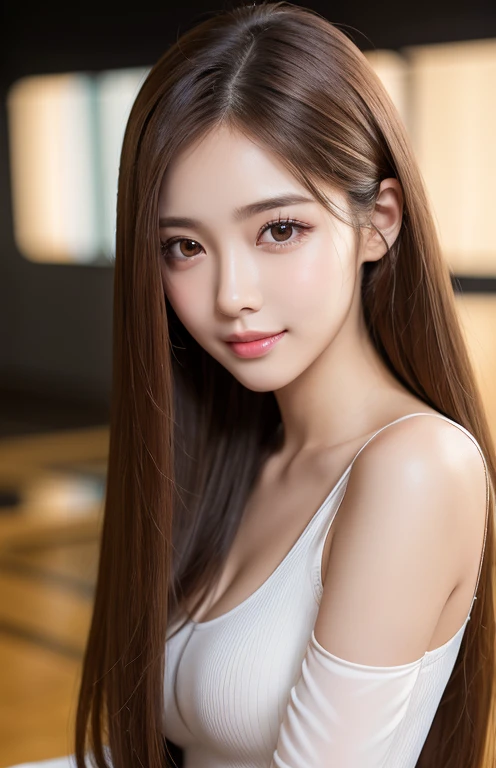 Latex bodysuit、Knee-high boots、Huge 、Long brown hair、Shiny, Oily skin、Glowing Skin、Indoor competition pool、White skin、(RAW Photos), (Realistic), (masterpiece), (Highest quality), High resolution, 8k resolution, (Intricate details), (Lightweight and voluminous), Portraiture, woman, Medium Hair, Straight hair, Layered Hair, Brown Hair, Highly detailed eye, Very thin eyebrows, Highly detailed skin, Highly detailed mouth, Highly detailed nose, Cute like an idol, smile, ((Thick lips)), ((look into the viewer'eye)), (Shapely breasts), (Cleavage), , (Westshot), Bright cafe terrace background with city view, Randomly oriented bodies