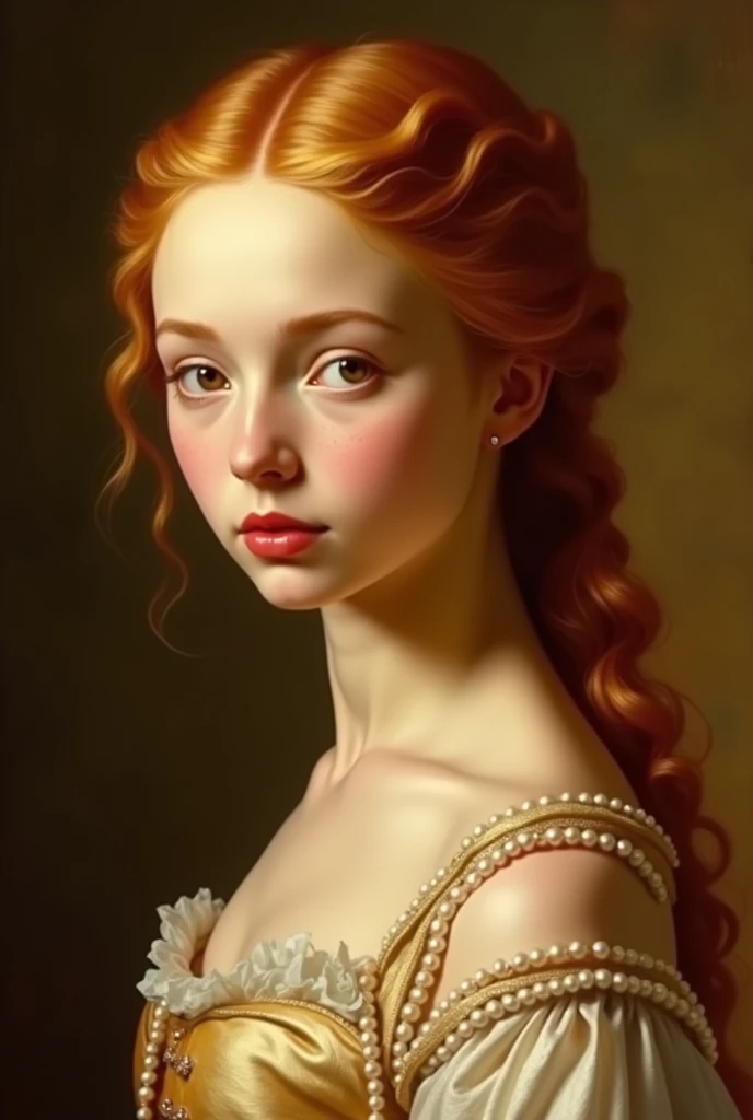 Create a Renaissance painting of how you imagine me using warm colors and a silk dress with pearls: I have droopy eyes and the color is hazel., very white skin, sharp, half-European nose, round face cheeks and thin chin with a dimple, wavy hair with a very yellowish and dark red color and a mouth with a well-defined Cupid's bow, small and a little fleshy and an eyebrow with few hairs and sparse